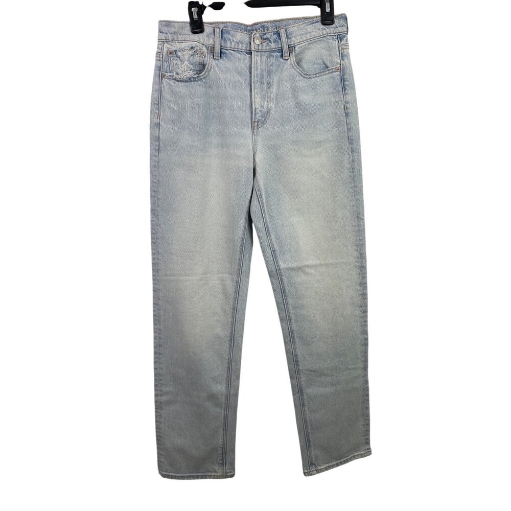 AE Stretch Super High-Waisted Straight Distressed Light Blue Jeans Womens Size 8 - Picture 1 of 11